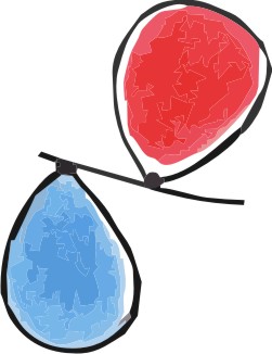 balões azul e vermelho